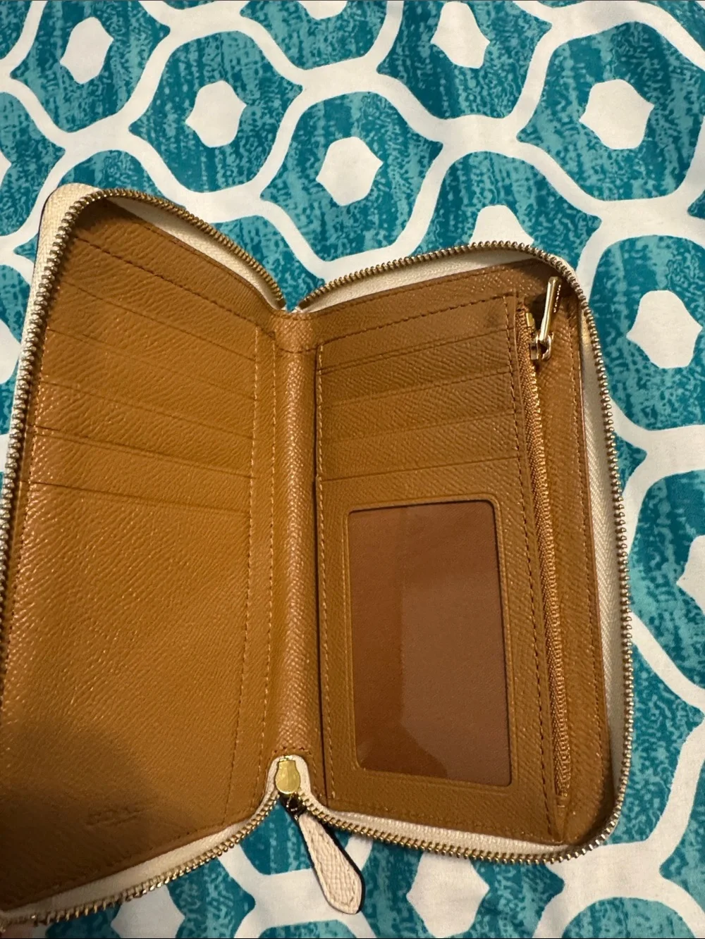 Coach Cream Zip-Around Saffiano Leather Wallet with Gold Logo
